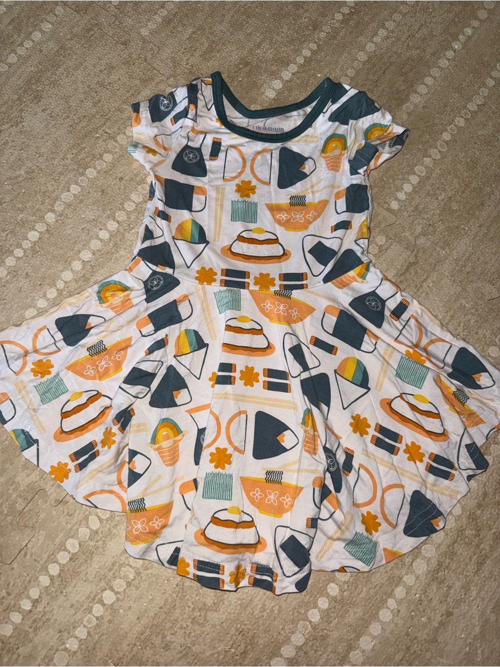 Girls White Tea Time Twirl Dress with Orange & Teal Accents